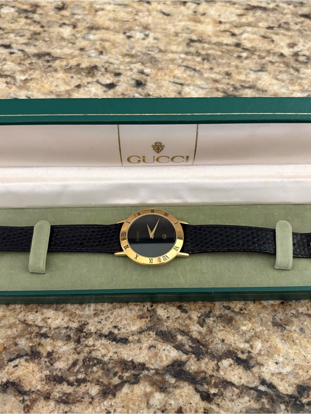 Vintage Gucci Gold-Tone Case Watch with Black Leather Strap